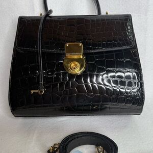 Elegant Neiman Marcus collection Black Patent Crocodile-Embossed Handbag
